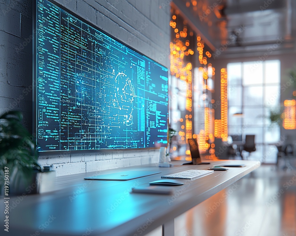 Poster Futuristic workspace with large screen displaying code.