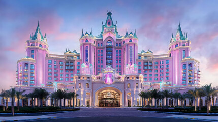 Naklejka premium Pink Castle Hotel at Dusk - Realistic Image
