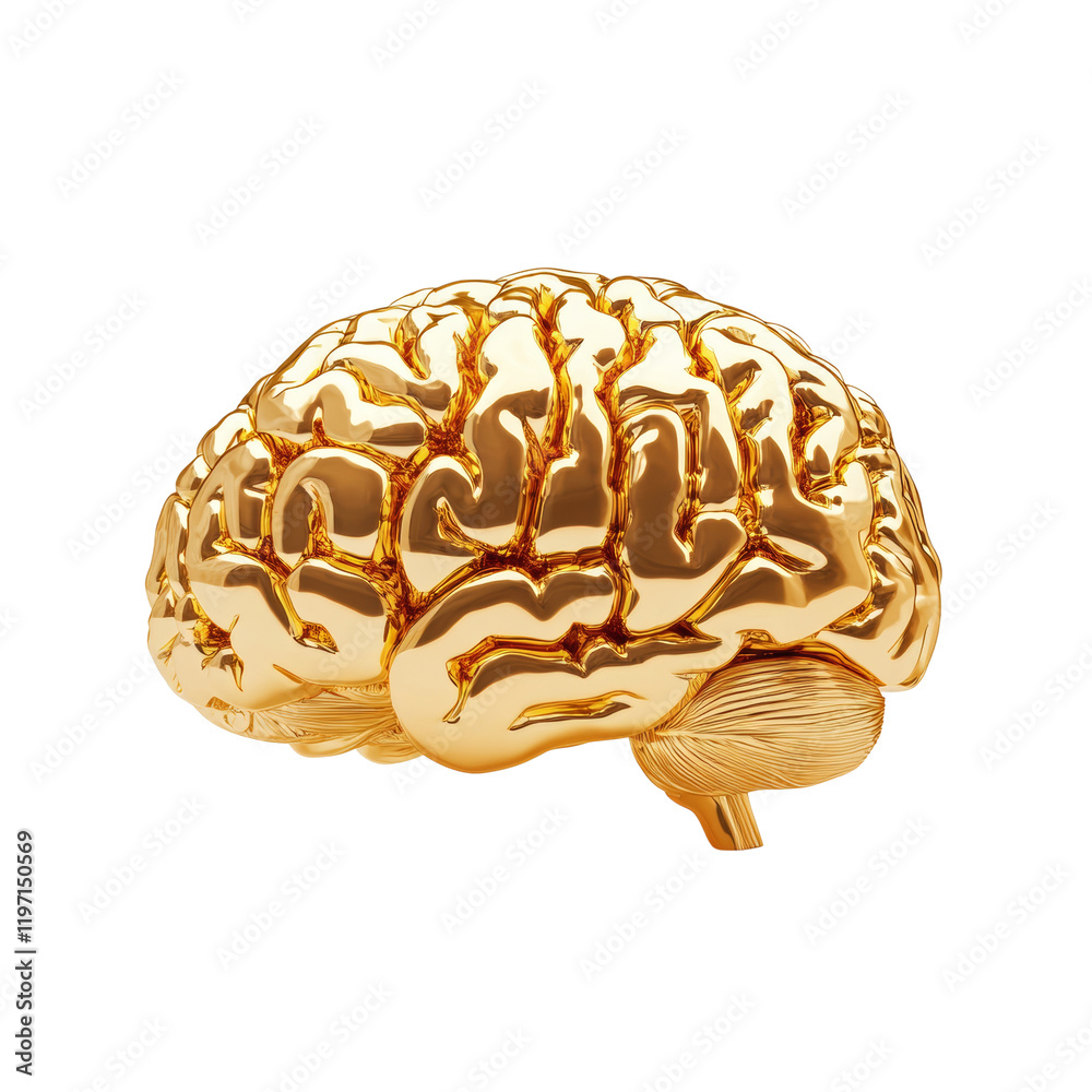Poster the image shows a three dimensional model of a human brain rendered in gold against a black backgrou