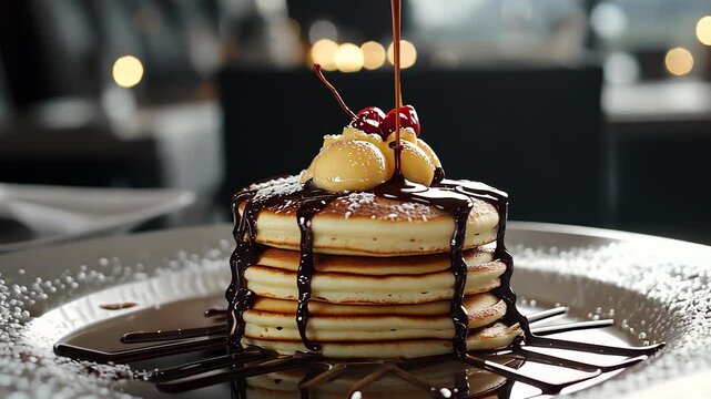 Plate stack of with chocolate drizzle. Pancakes, sweet, breakfast, hot, table, cafe,. Cafe with table and hot plate of pancakes. A table with sweet and savory pancakes on a table at a lifestyle cafe.