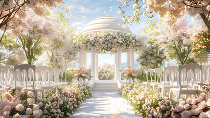 dreamy wedding ceremony decor with an elegant round gazebo surrounded by lush floral arrangements, white chairs, and soft pastel pink roses in full bloom.