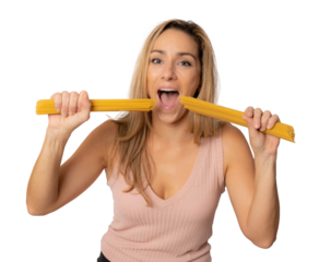 Photo of pretty funny young woman wearing casual clothing holding pasta isolated transparent background. PNG transparent.