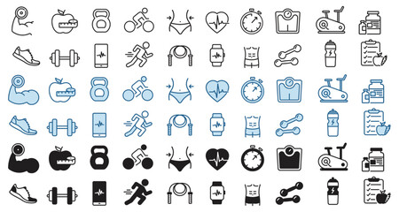 fitness and gym icon set, Sport symbol, Containing sports. cycling. running. body shape. barbell. heart rate. scale. stopwatch and more. vector illustration