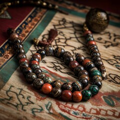 Beaded strand with decorative cloth and container.