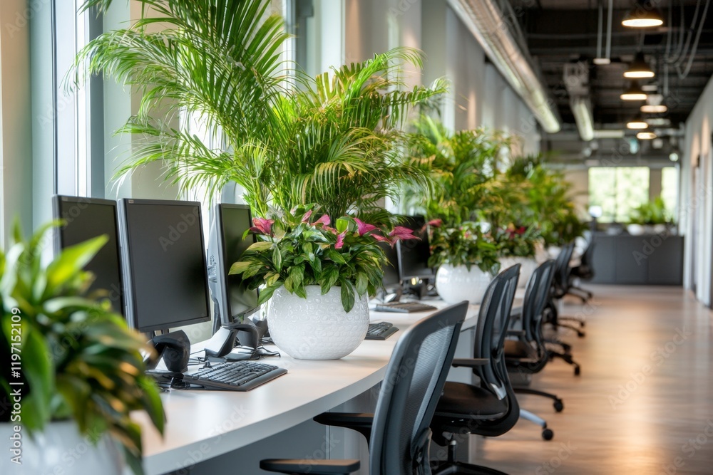 Fototapete a bustling call center equipped with advanced voip systems, with multiple agents in cubicles using h
