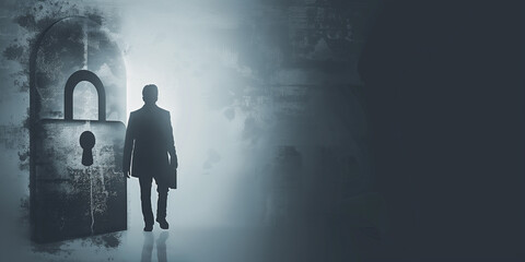 A silhouette of a business professional in front of a keyhole, symbolizing mystery and security in a corporate environment