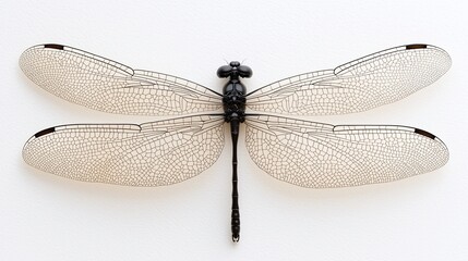Close-up of a damselfly with translucent wings against a white background.