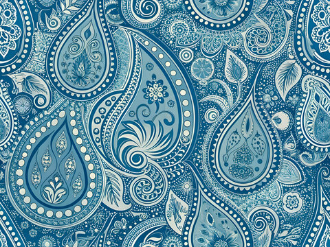 A seamless pattern of intricate blue paisley designs.