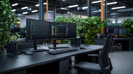 Modern Workspace Featuring Dual Monitors and Sleek Keyboard on Minimalist Desk Surrounded by Organized Office Supplies for Enhanced Productivity and Focus