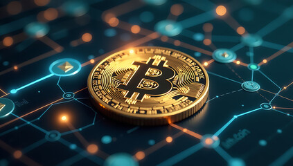 Golden Bitcoin on Blockchain Network Depicting Cryptocurrency and Digital Finance