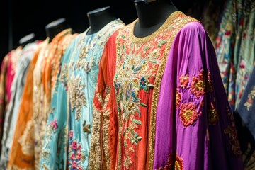 Fototapeta premium Mannequins display colorful, embroidered, and embellished flowing dresses.