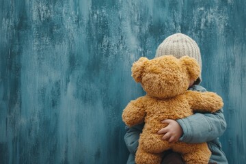 A child holding a teddy bear tightly, sitting on the floor of an empty room, their vulnerability highlighted by the stark surroundings