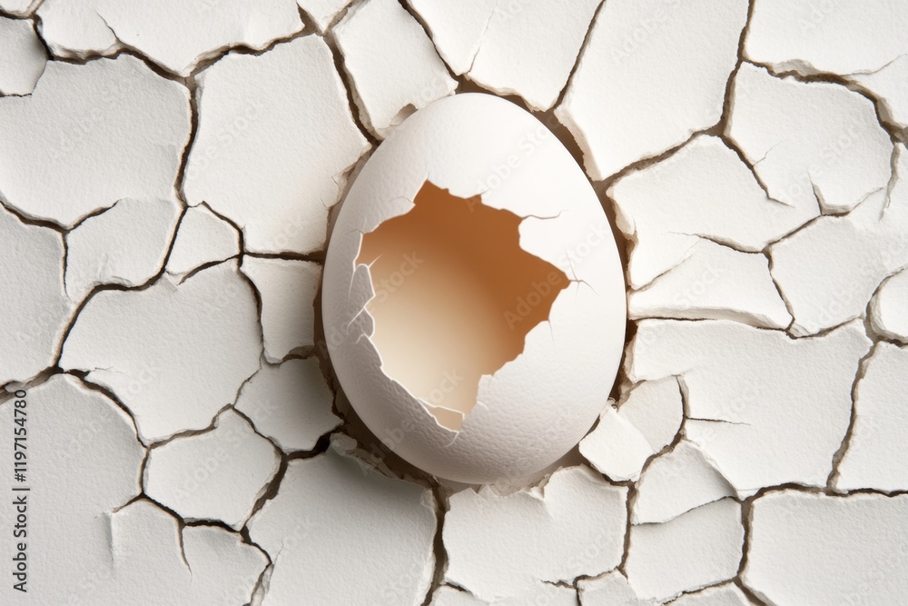 Poster a clean and simple depiction of a cracked eggshell, symbolizing fragility and vulnerability, drawn o