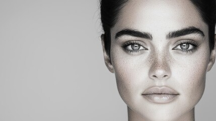 Fototapeta premium Young woman with freckles looks directly at the camera in a close up black and white studio portrait.
