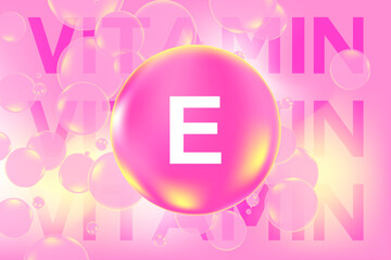 Vitamin E glowing 3D molecule element or bubble, pink, yellow watercolor texture background with copy space. Fluid light pink soft gel, supplement product banner, presentation, infographic design