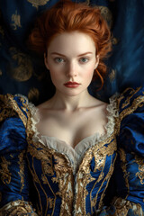 Fototapeta premium A beautiful woman with red hair, wearing a blue and golden Rococo dress