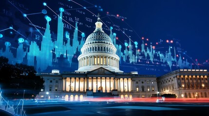 financial data government building. A digital depiction of the U.S. Capitol building, illuminated at night, overlaid with data visualizations and graphs, symbolizing government and technology.