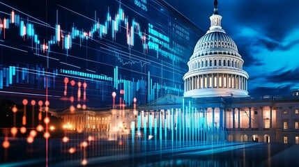 financial data government building. A digital blend of the U.S. Capitol building and financial data graphs, symbolizing the intersection of politics and economics.