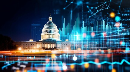 financial data government building. A digital representation of the U.S. Capitol at night, overlaid with abstract data graphics, symbolizing technology and governance.