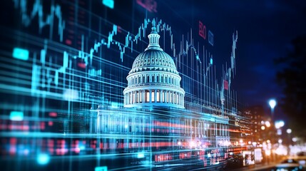 financial data government building. A digital representation featuring a government building with financial graphs, symbolizing the intersection of politics and economics.