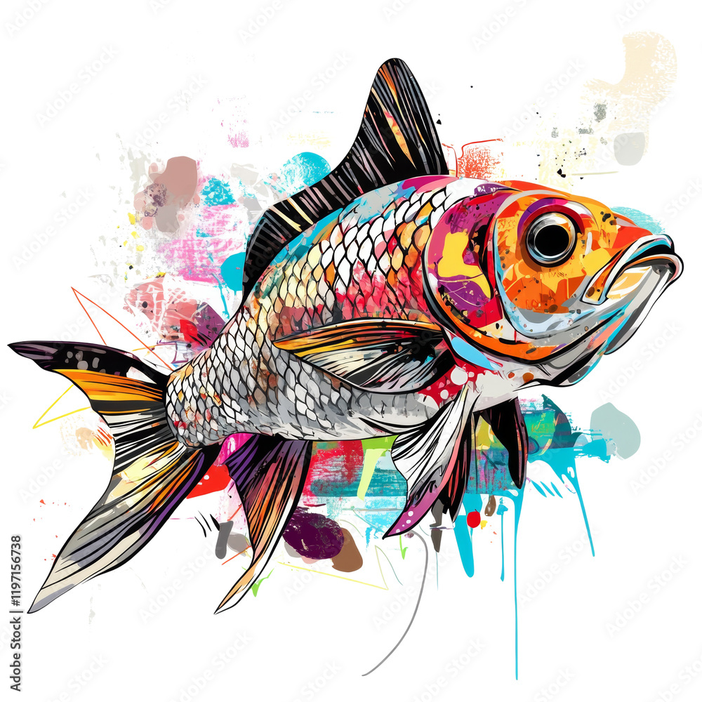 Poster a stylized koi fish is depicted in a vibrant abstract painting with multicolored splashes and drips 