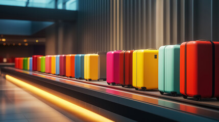 Obraz premium Bright colorful suitcases on the baggage claim conveyor belt in an airport
