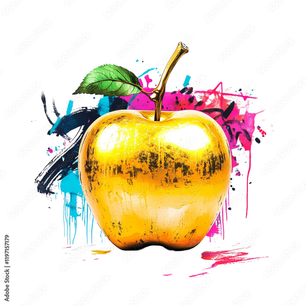 Poster a gold-painted apple is depicted against a backdrop of colorful paint splatters, creating a vibrant 