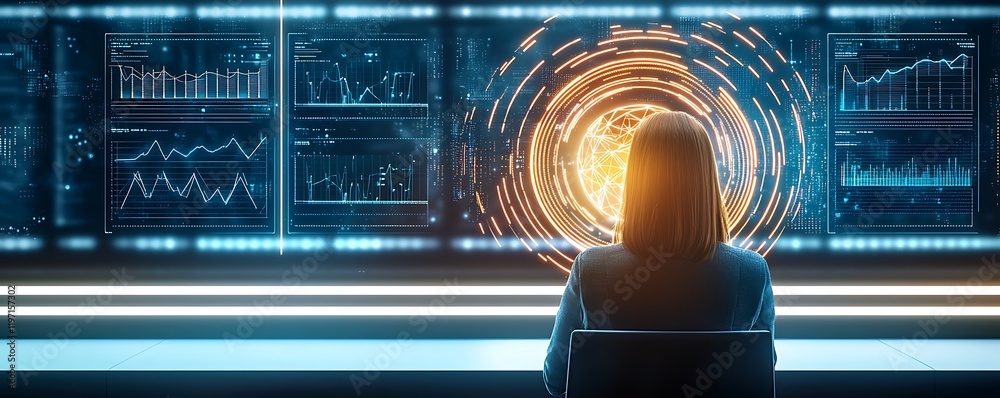 Poster high-tech data center server control, futuristic analytics hub with glowing digital interface