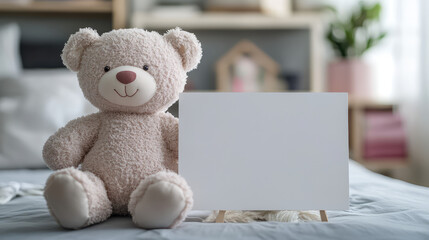 child holding in the nursery empty signboard poster banner advertising background white happy message