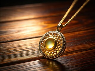 Elegant Gold & Silver Necklace with Round Pendant on Wooden Table - Silhouette Photography