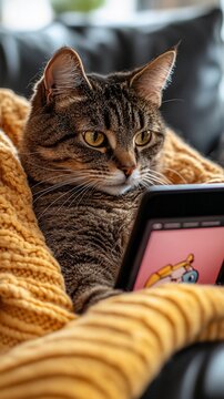 Cozy cat using tablet, indoor sofa, autumn