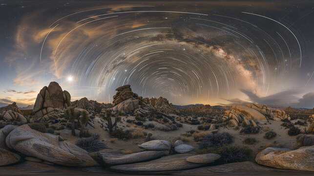 A dramatic star trail composition over the rocky formations of Joshua Tree National Park, with circular light trails framing the iconic desert landscape