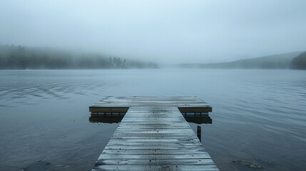 A minimalist coastal scene of a solitary wooden pier extending into a foggy sea in Maine, with silky waves rolling beneath and soft pastel light on the horizon
