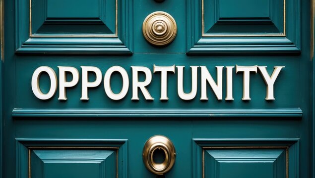 Opportunity sign white letters on blue wooden door close-up, business motivation concept, career growth, success inspiration, workplace entrance, professional achievement background, leadership theme