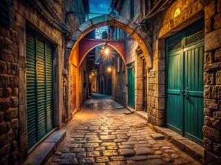 Fototapeta premium Empty Nazareth Bazaar Alley at Night - Atmospheric Architectural Photography