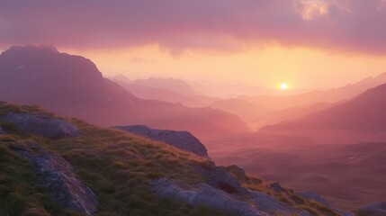 Glowing sunset casting warm light on mountains