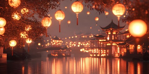 Chinese New Year background with lanterns and a river, 3D rendering illustration
