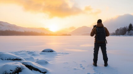 Winter Landscape with Photographer Capturing Sunset over Frozen Lake and Snowy Mountains in Background