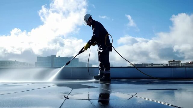 male worker cleaning roof of modern building with high pressure machine over sky background