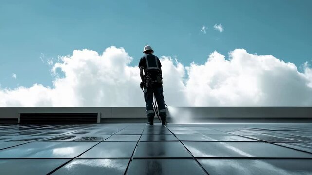 man cleaning roof of modern building with high pressure machine over sky background