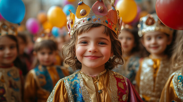 a group of children dressed in vibrant Jewish carnival costumes, including queen and king outfits, traditional robes, and playful animal costumes, gathered in a lively Purim celebration setting