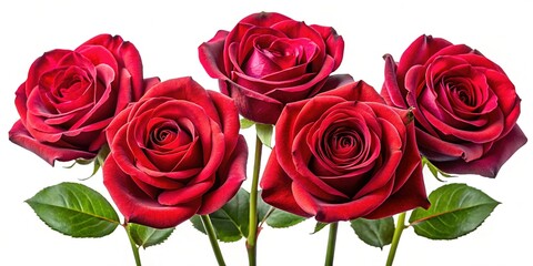 Five Crimson Roses Blooming Isolated on White Background - Stock Photo