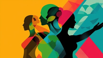 Abstract Woman Silhouette Design with Colorful Shapes and Patterns on Bright Yellow Background