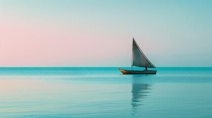 Fototapeta premium A minimalist view of a solitary fishing boat anchored in calm turquoise waters off the coast of Zanzibar, with silky reflections and pastel hues at sunset