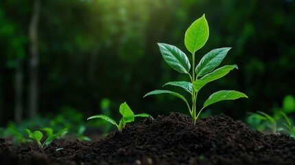Fototapeta premium Young Plant Sprouting Through Rich Dark Soil in Lush Forest Environment Surrounded by Greenery and Nature Evoking Growth and Renewal Vibes