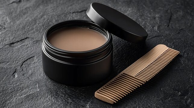 Hair styling pomade in black jar with wooden comb.
