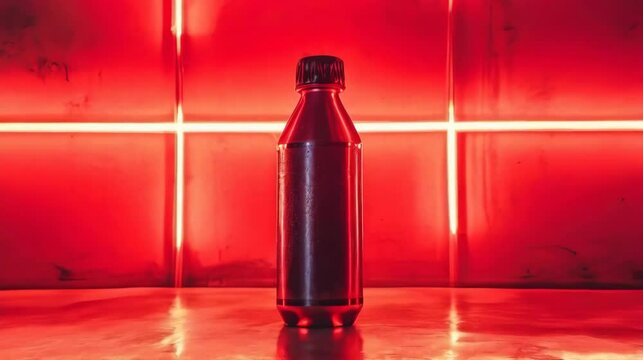  A tin bottle of energy drink illuminated by red neon light