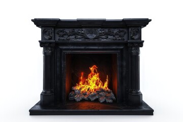 A decorative black fireplace with a roaring fire and detailed carvings. isolated on white background