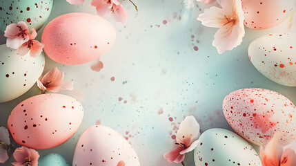 Softly colored patterned eggs decorated with tiny flowers on a light blue gradient background.