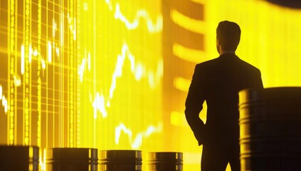 A business professional stands silhouetted against a vibrant backdrop of stock market graphs and financial data. The setting conveys a dynamic atmosphere of investment and strategy